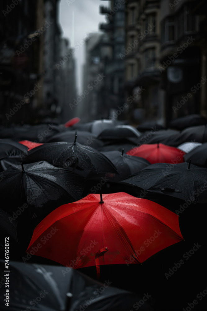 A single red umbrella in a crowd of black umbrellas. Dark rainy day, dramatic sky, on a crowded city street
