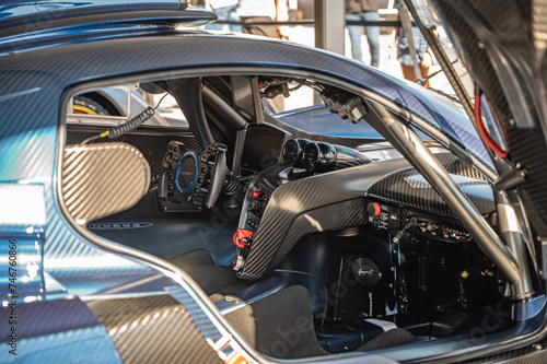 Detail of the interior of the cockpit of a GT1 racing competition car