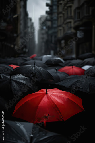 A single red umbrella in a crowd of black umbrellas. Dark rainy day, dramatic sky, on a crowded city street © britaseifert