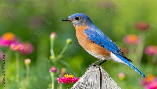 eastern bluebird male on fence post near flower garden marion county illinois