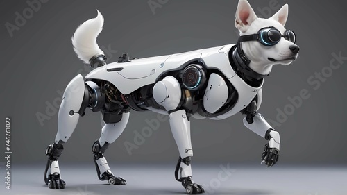  A cybernetic canine with a body of polished metal  its movements reminiscent of a frog s grace and agility. Its eyes hidden behind virtual reality glasses  giving it a cool and futuristic edge.