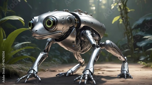 Imagine a cybernetic canine, with a body made of sleek and shiny metal, its limbs moving with the grace and agility of a frog. Its eyes are hidden behind virtual reality glasses. © Zulfi_Art