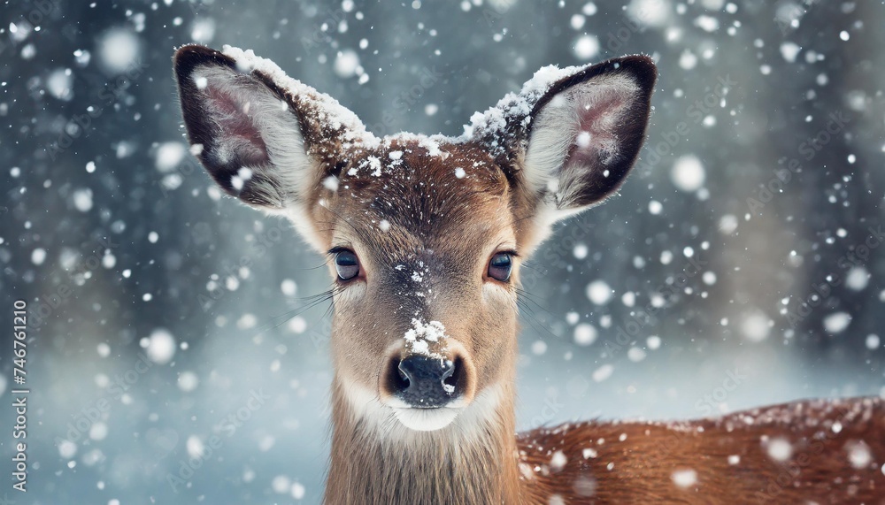 cute deer with snowfall - obrazy, fototapety, plakaty 