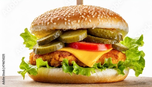 large burger with chicken cutlet cheddar cheese lettuce and pickles isolated on white background