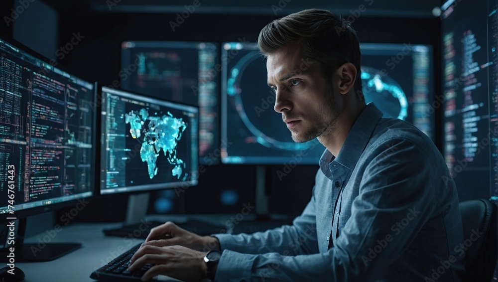 Programming coding and man with focus, hologram and trading with cyber ...