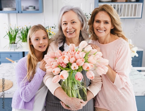Three generations of women from same family. Granddaughter and her mother presented bouquet of tulips to grandmother during their tender meeting together