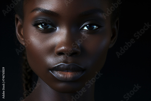 Face of beautiful afro american woman with very bdark skin on black background