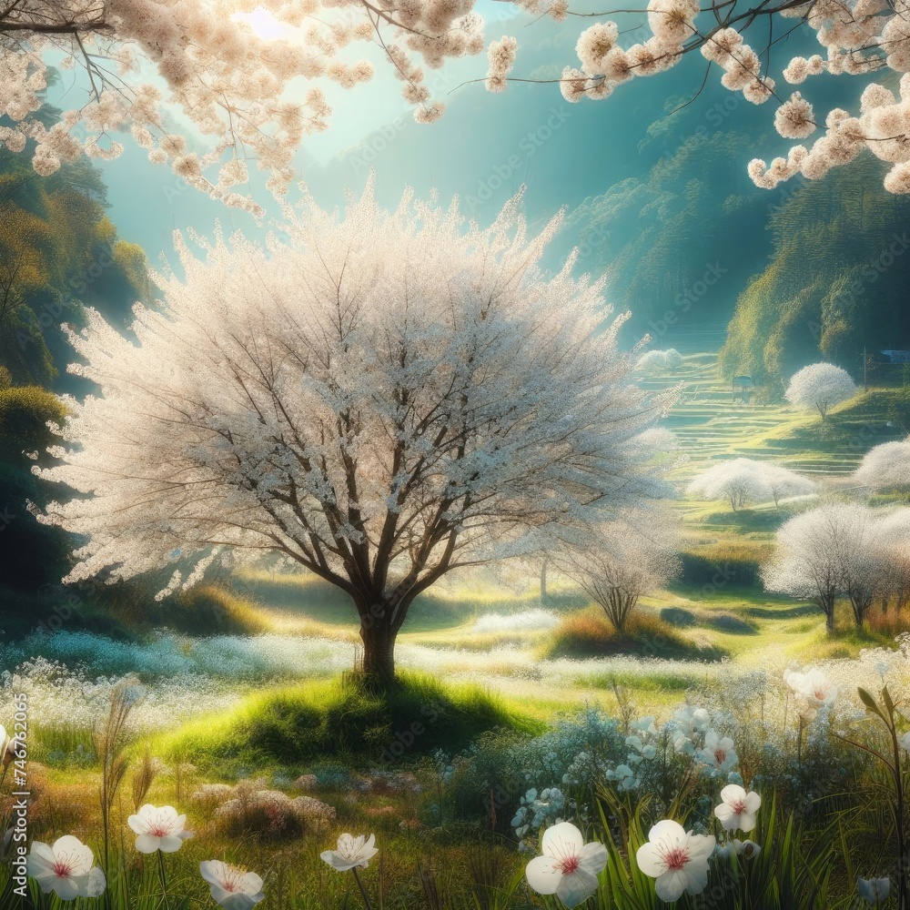A white cherry blossom tree in a picturesque springtime meadow, with delicate blossoms adorning the branches and creating a serene and beautiful landscape.