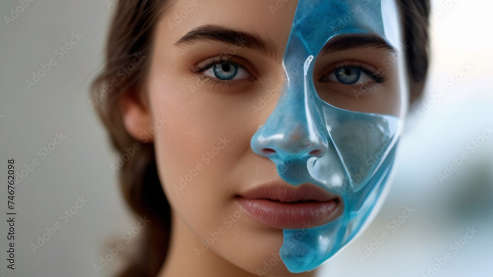 Gorgeous young woman with skin care hydrogel mask on her face, for providing intense moisture, leaving the skin plump and radiant. - obrazy, fototapety, plakaty 