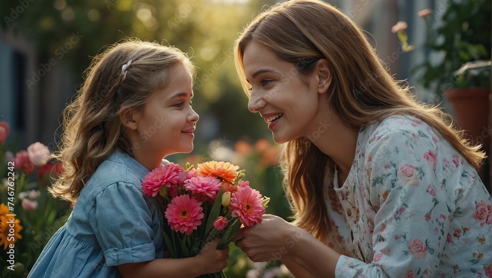 happy mother's day child daughter gives flowers to mother happy mother's day child daughter gives flowers to mother