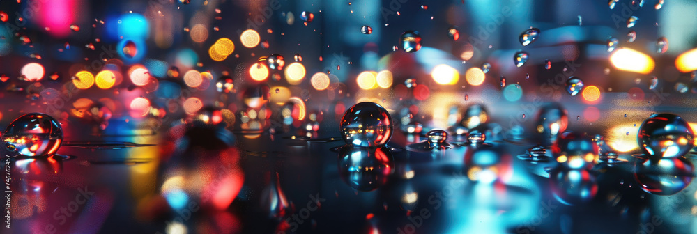 Abstract colorful bokeh lights with water drops - This vibrant image captures the essence of bokeh lights reflecting through scattered water drops on a surface