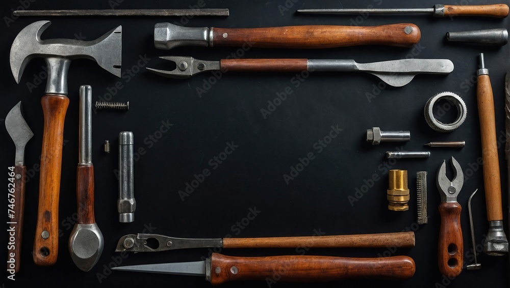 Labor day concept - Instruments for repair and maintenance with empty copy space for text, Hammer and tongs on black background, top view flat lay Labor day concept - Instruments for repair and maintenance with empty copy space for text, Hammer and tongs on black background, top view flat lay