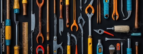 Labor day concept - Instruments for repair and maintenance with empty copy space for text, Hammer and tongs on black background, top view flat lay photo