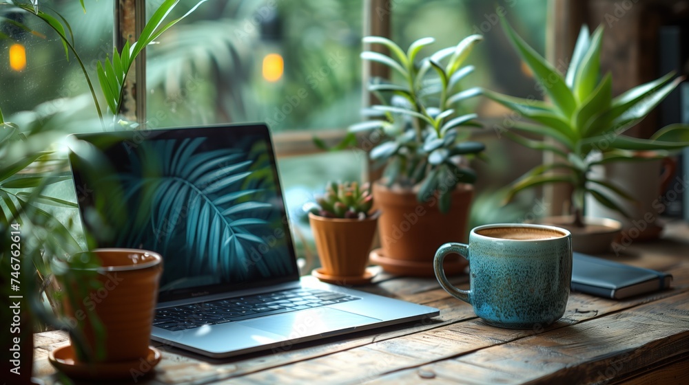 Cozy Workspace: Laptop, Coffee, Plants
