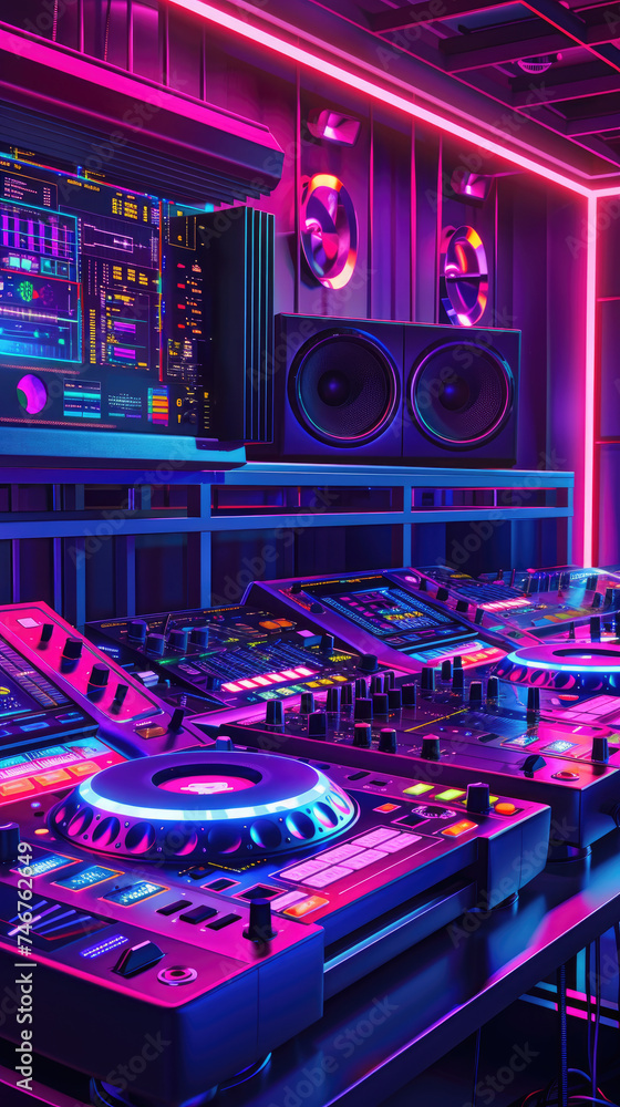 Advanced DJ setup with vibrant neon lights - A high-tech DJ booth with an array of equipment glowing under vivid neon lights, encapsulating the pulsating energy of an electrifying music event