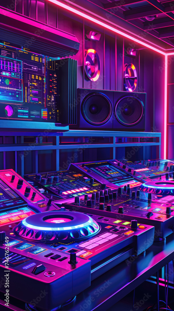 Advanced DJ setup with vibrant neon lights - A high-tech DJ booth with an array of equipment glowing under vivid neon lights, encapsulating the pulsating energy of an electrifying music event Advanced DJ setup with vibrant neon lights - A high-tech DJ booth with an array of equipment glowing under vivid neon lights, encapsulating the pulsating energy of an electrifying music event