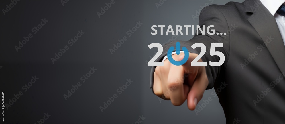 Businessman on blurred background using new year concept on virtual screen