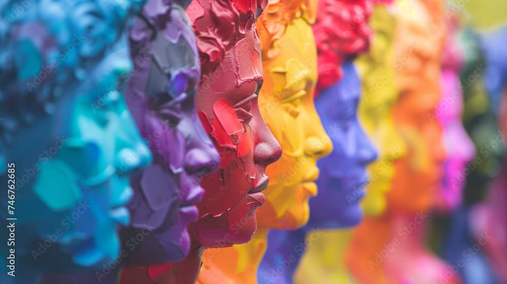 Diversity artwork, statues of women from the side, DEI, inclusion, rainbow, color - obrazy, fototapety, plakaty 