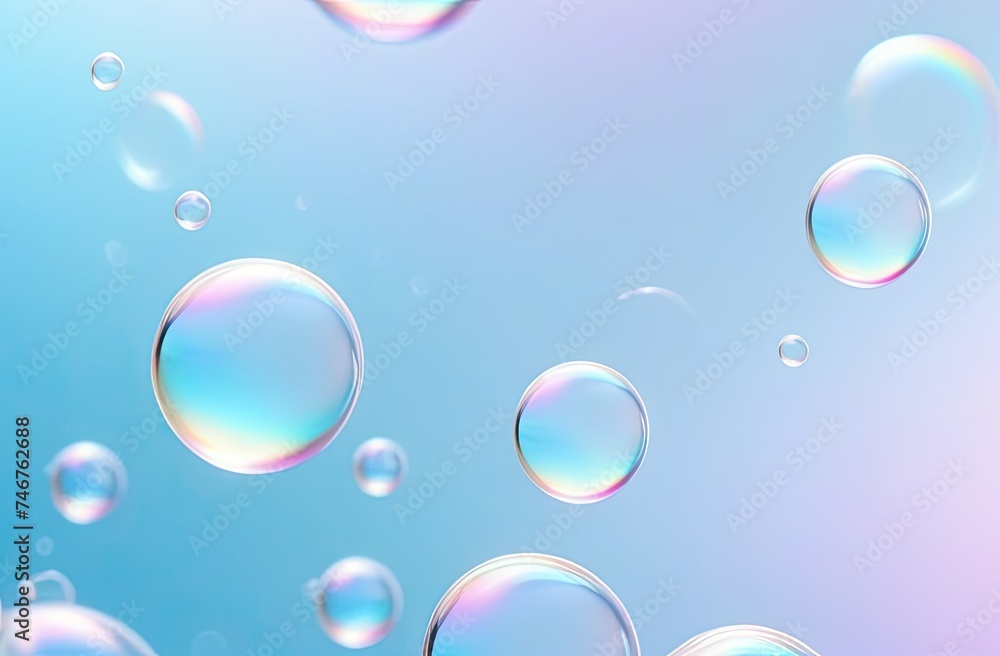 Macro close up of soap bubbles. Transparent drops liquid bubbles molecules. Colorful Abstract Background.