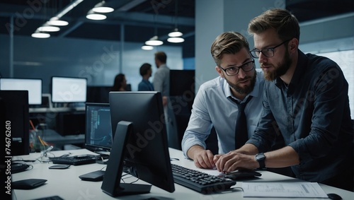 IT specialists confer at a meeting and discuss news in the computer industry photo