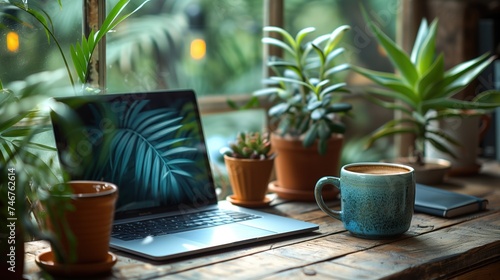 Cozy Workspace: Laptop, Coffee, Plants