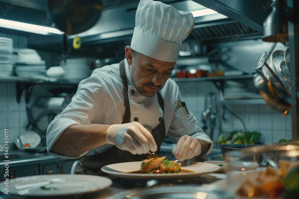 Chef garnishing plate with precision - An expert chef in a professional kitchen is carefully garnishing a dish, showing his skill and attention to detail Chef garnishing plate with precision - An expert chef in a professional kitchen is carefully garnishing a dish, showing his skill and attention to detail