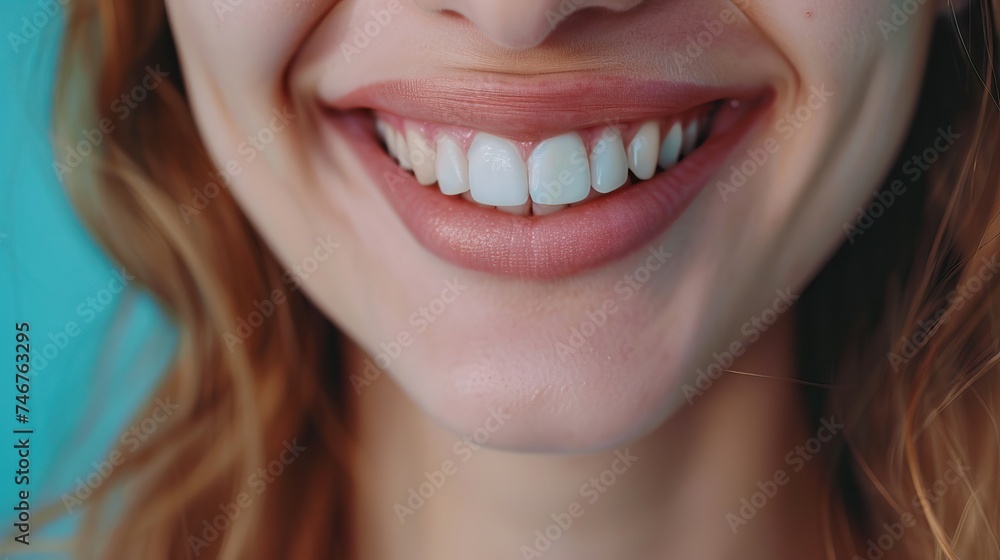 closeup of smile with white healthy teeth. AI generated illustration - obrazy, fototapety, plakaty 