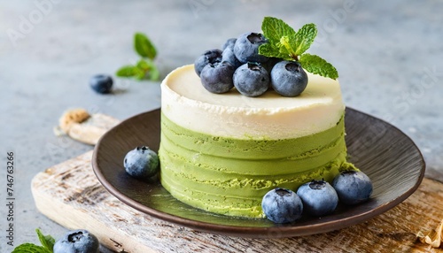 layered ice cream matcha cheesecake with fresh blueberry gluten free no bake dessert healthy sweet food