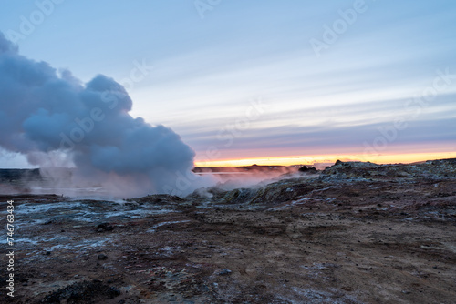 Gunnuhver Hot Springs at sunset in Iceland