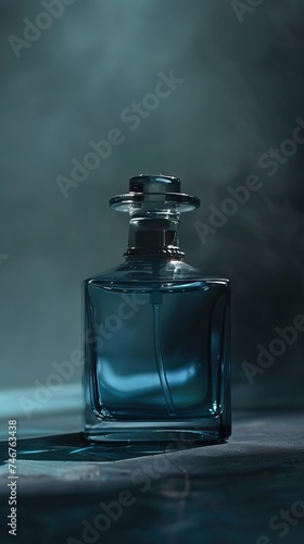 Glass perfume bottle in the shadow, in the style of dark gray and dark cyan. AI generated illustration