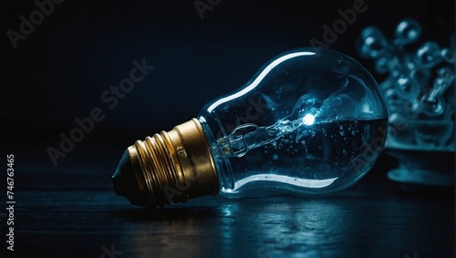 ocean water with Lightbulb glowing among shutdown light bulb in dark area with copy space for creative thinking