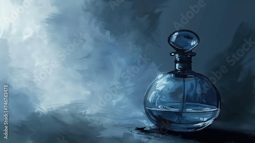Glass perfume bottle in the shadow, in the style of dark gray and dark cyan. AI generated illustration