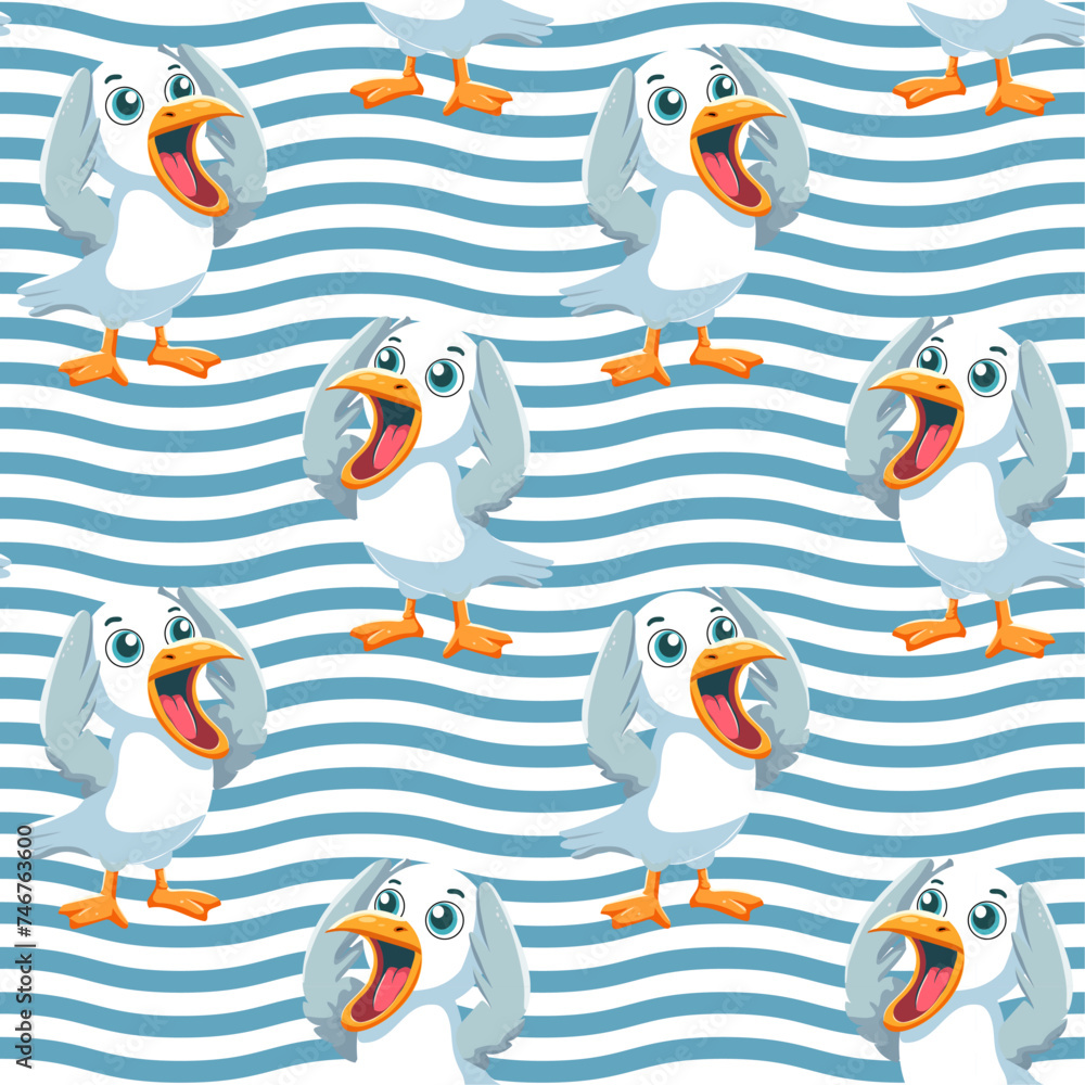 Fototapeta premium Vector pattern Seagull screaming, bright, sea bird, cartoon