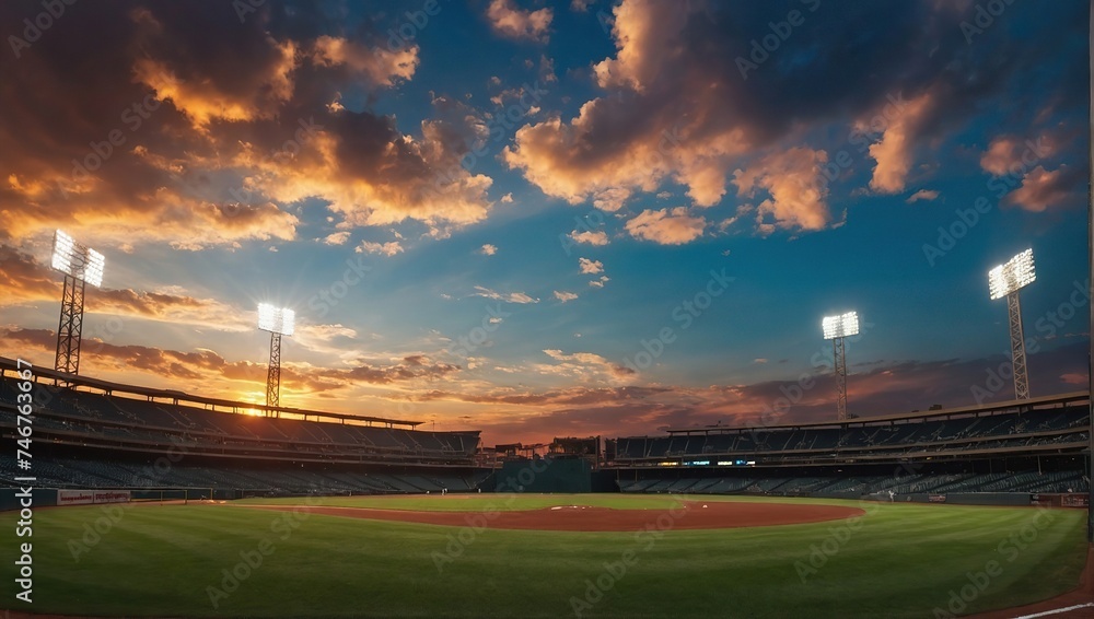 Panoramic view of a stadium with a baseball field and vibrant sky at sunset Panoramic view of a stadium with a baseball field and vibrant sky at sunset