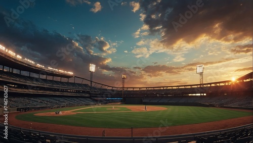Panoramic view of a stadium with a baseball field and vibrant sky at sunset