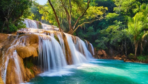 the agua azul waterfalls a series of cascades of varying heights and widths get their name from the colour of the water which has a bright blue hue when accumulated mexico © Javon