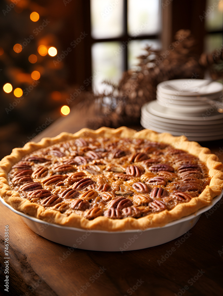 Fresh baked pecan pie in a white baking dish on kitchen table, blurry background Fresh baked pecan pie in a white baking dish on kitchen table, blurry background