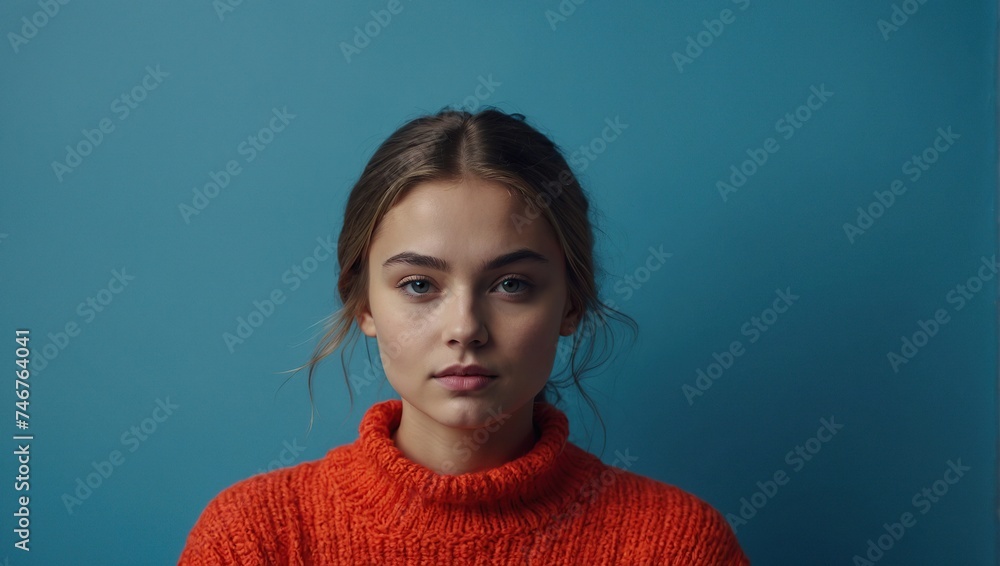 Photo of dreamy sweet girl wear neon red knitted shirt with empty space isolated blue color background Women's day Photo of dreamy sweet girl wear neon red knitted shirt with empty space isolated blue color background Women's day