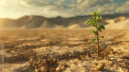 Green seedling grows in dry empty desert. Concept of strength, not giving up, perseverance and belief
