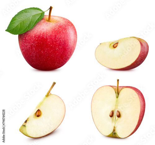 Whole apple, half and a slice on white background. Red apple isolated. Apple collection with clipping path
