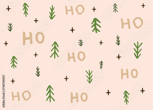 Cartoon New Year's background with fir trees, snowflakes and the inscription hohoho