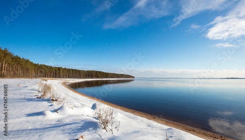 bright sunny winter day blue sky and snow covered coast a contrast view from the coast for the beginning of the vileysky reservoir in belarus © Mireya