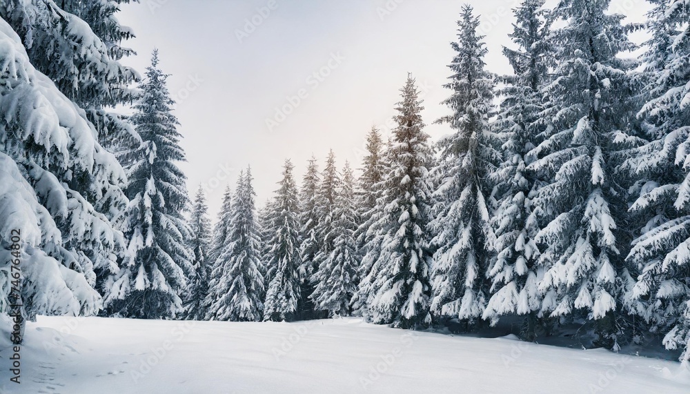 spruce tree forest covered by fresh snow during winter christmas time this winter scene is almost duotone due to the contrast between the frosty spruce trees white snow foreground and white sky