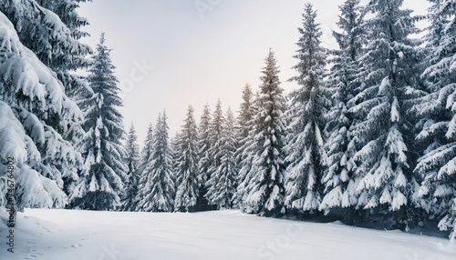 spruce tree forest covered by fresh snow during winter christmas time this winter scene is almost duotone due to the contrast between the frosty spruce trees white snow foreground and white sky © Mireya