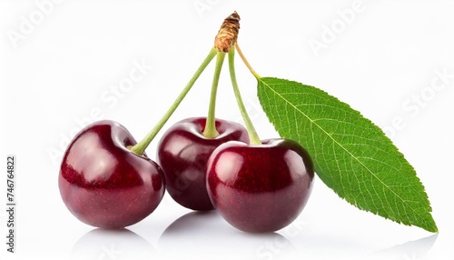 sour cherry berries isolated on white or transparent background three cherry fruits with green stem and leaf