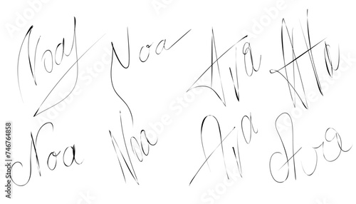 Hand drawn illustration. Fictitious handwritten. Set of autographs. Populare names.