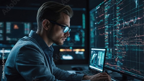 Programming coding and man with focus, hologram and trading with cyber security, futuristic and research, Male person, investor and employee with data analysis, server or investment with website info