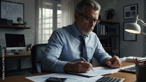Serious and focused financier accountant on paper work inside office, mature man using calculator and laptop for calculating reports and summarizing accounts, businessman at work in suit photo