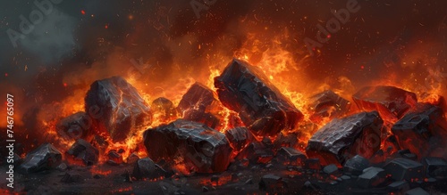 Several rocks are engulfed in flames, creating a fiery scene as the charcoal lumps burn intensely. © 2rogan