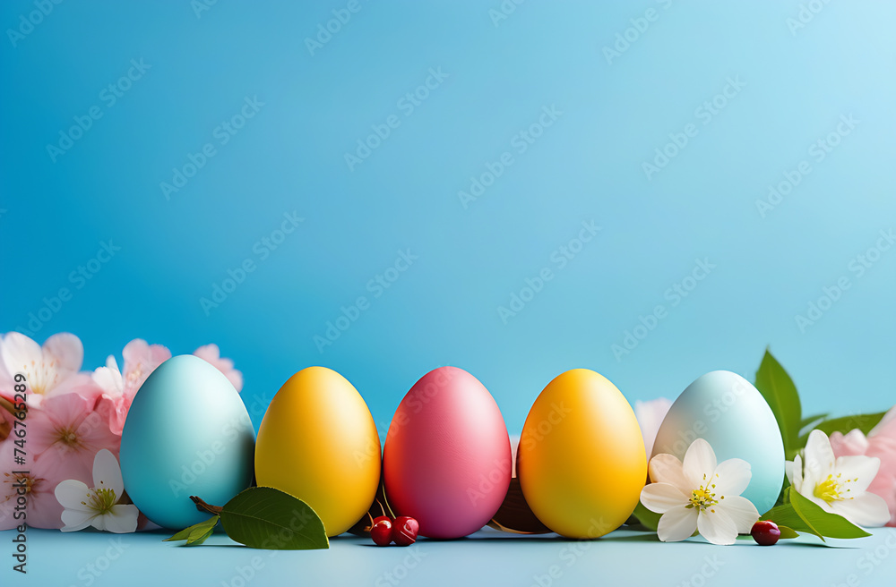 Colored decorated eggs on a blue background. Easter concept, a postcard with free space to copy